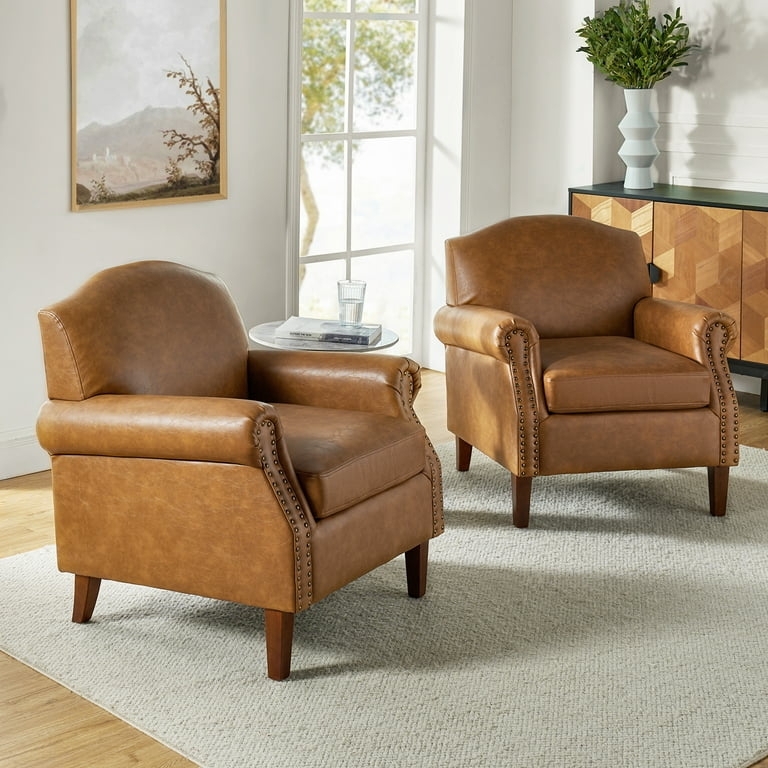 Set of 2 Accent Chairs with Rolled Arms, Nailhead Trim, and Gold Legs