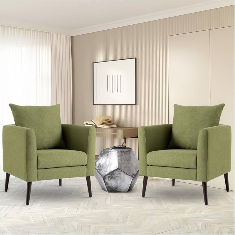 Set of 2 Barrel Accent Chairs, Olive Green with Matching Pillows