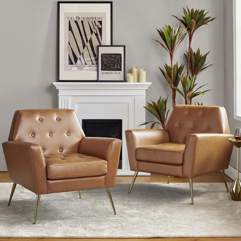 Set of 2 Glam Accent Chairs with Button Tufting and Gold Tapered Legs