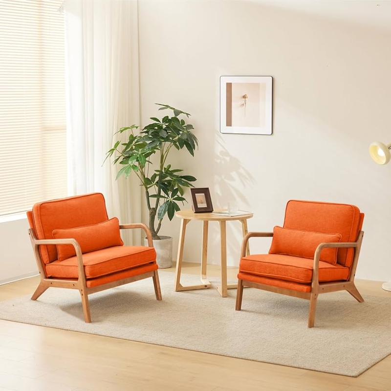 Set of 2 Linen Accent Chairs, Burnt Orange, Mid-Century Wood Frame