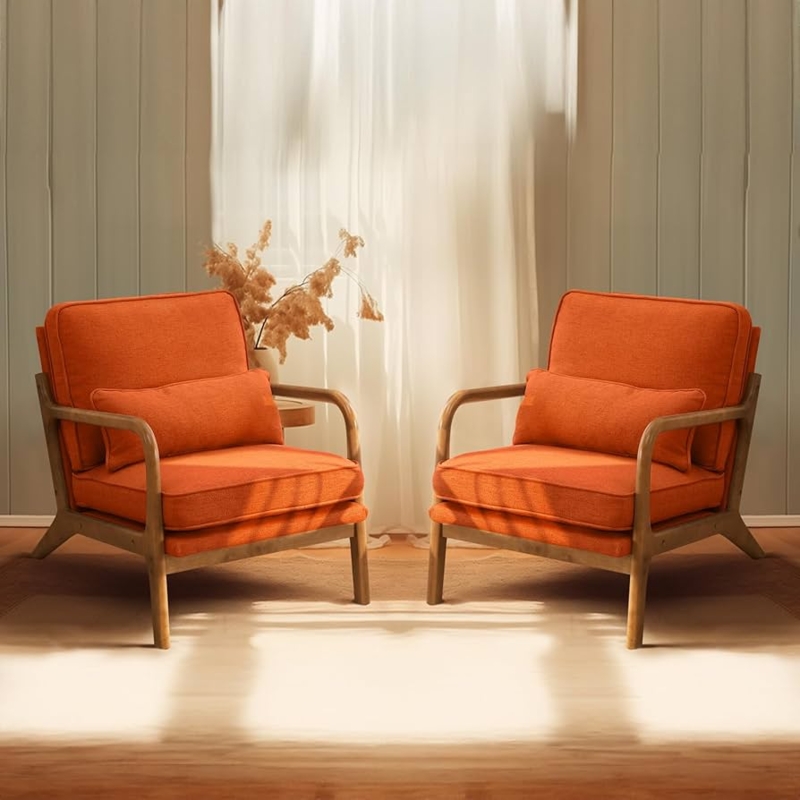 Set of 2 Mid-Century Modern Armchairs, Burnt Orange Upholstery, Wood Frame