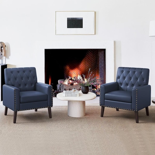 Set of 2 Navy Leather-Like Chairs with Button Tufting and Wood Frame