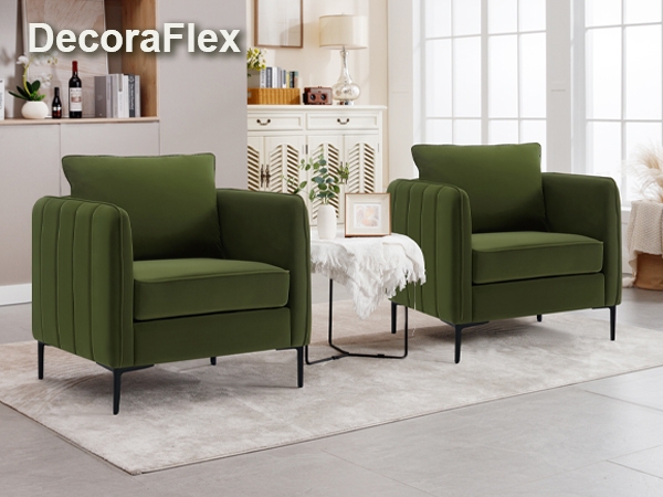 Set of 2 Velvet Accent Chairs, Exposed Wood Frame