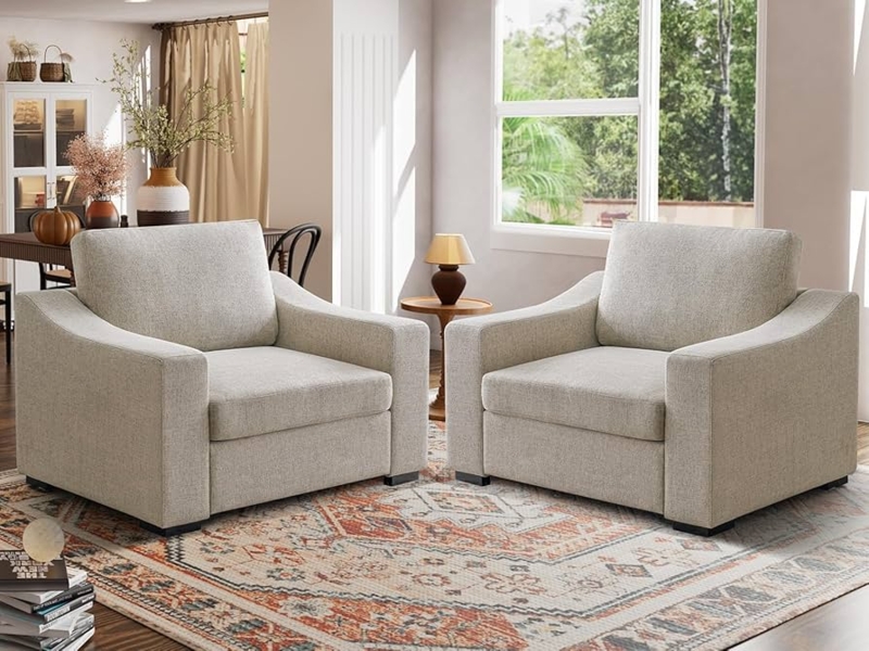 Set of Two Oversized Accent Chairs in Oatmeal Linen with Square Arms