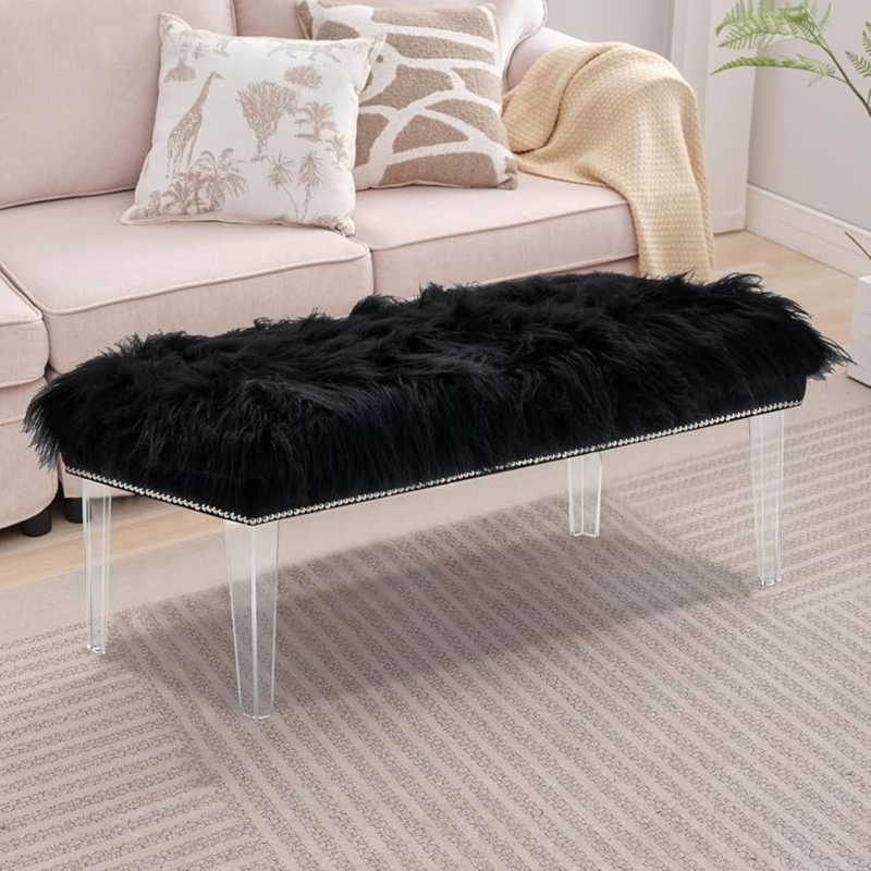 Shaggy Black Faux Fur Bench Clear Tapered Legs Nailhead