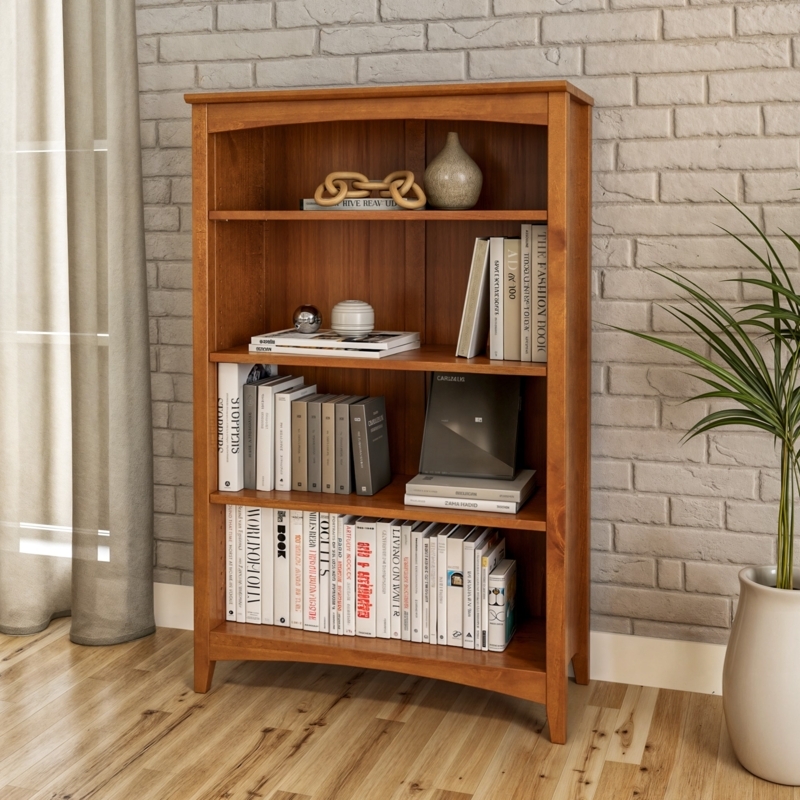 Shaker Style Bookcase in Cherry Wood Finish with Solid Back Panel