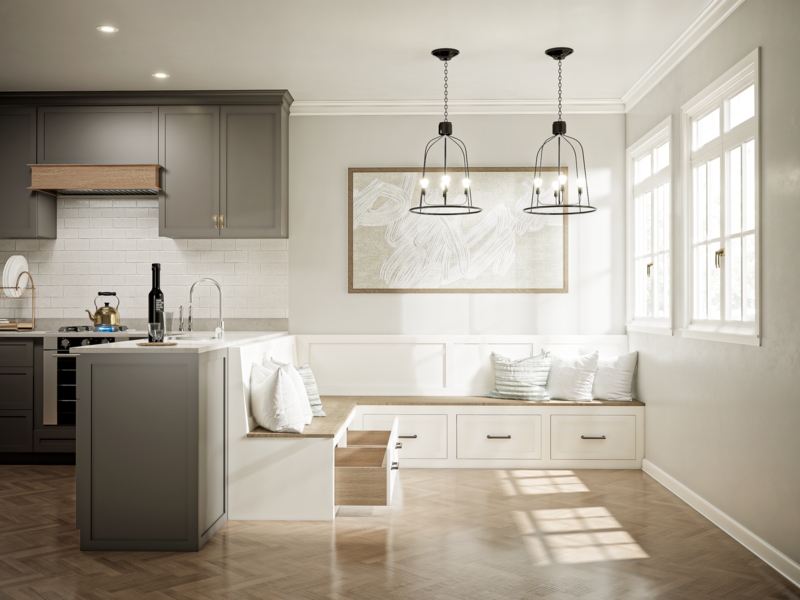 Shaker Style Kitchen Corner Seating with Integrated Drawers and Wood Top
