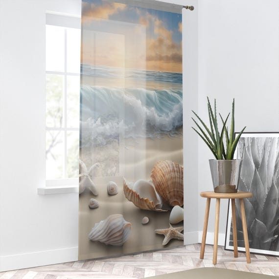 Sheer Curtain, Translucent Waves and Seashell Motif, Coastal Print