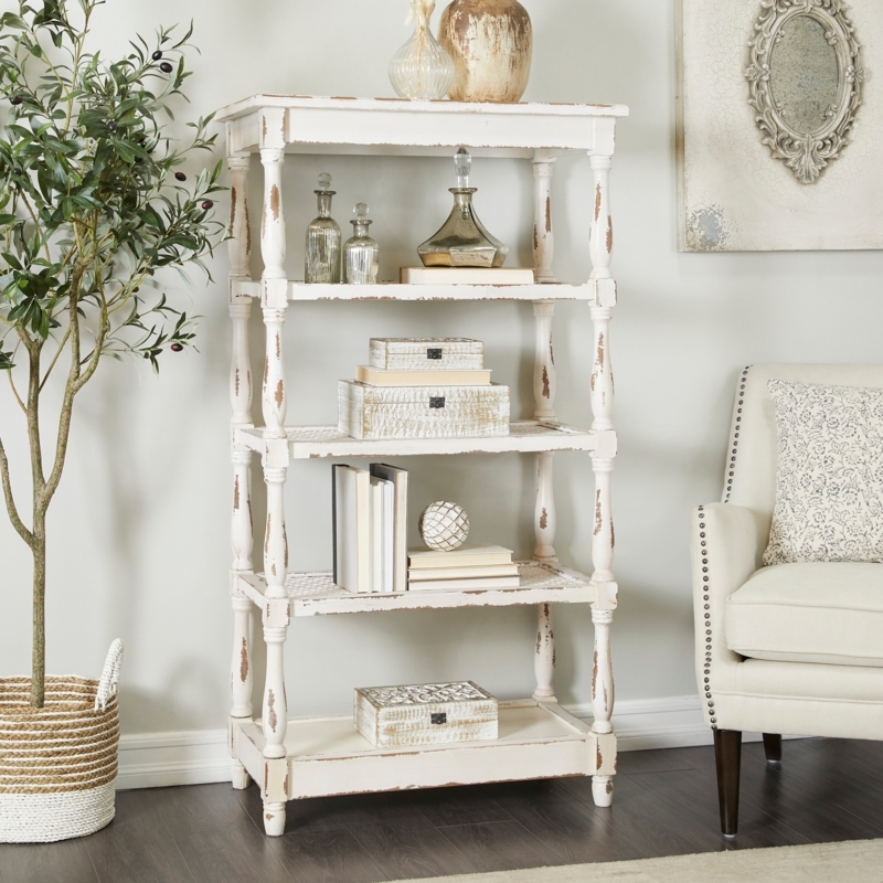 Shelving Unit with Spindle Sides, Mesh Shelves, Distressed White Finish