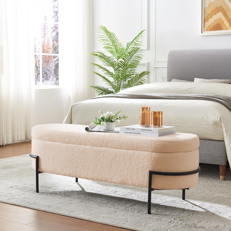 Sherpa Storage Bench with Black Metal Base and Oval Silhouette