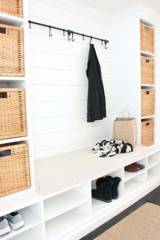 Shiplap Entryway Storage Unit with Coat Hooks and Wood Toned Seat