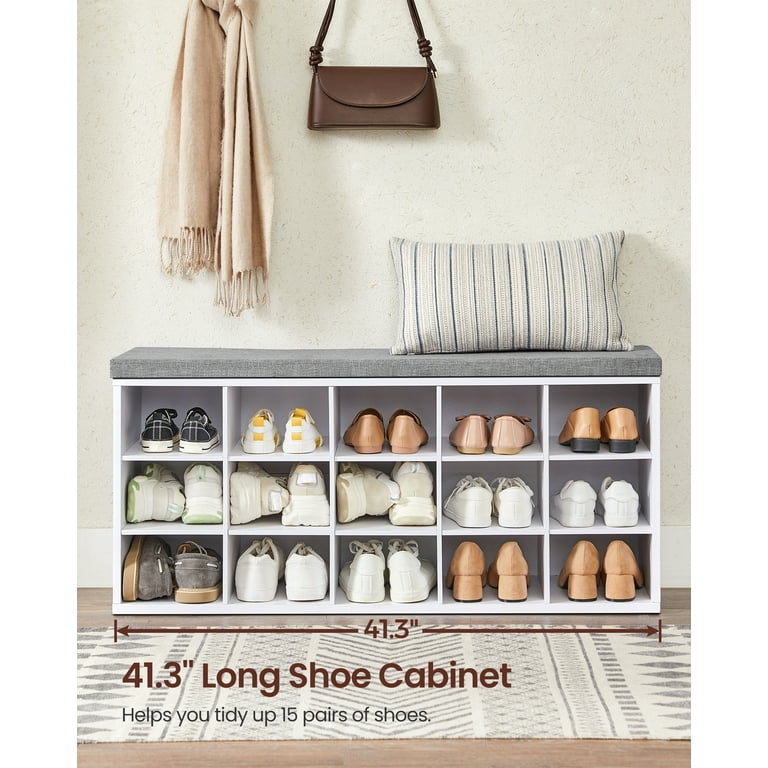 Shoe Bench 15 Compartments, White Mudroom Seating Organizer