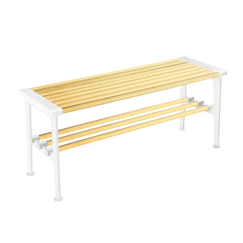 Shoe Bench Cylindrical Slats White Frame Corners Three Rod Shelf