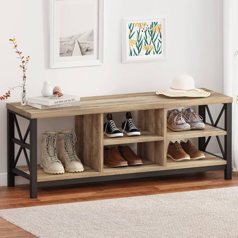 Shoe Bench Featuring X-Frame Sides and Rustic Oak Shelving