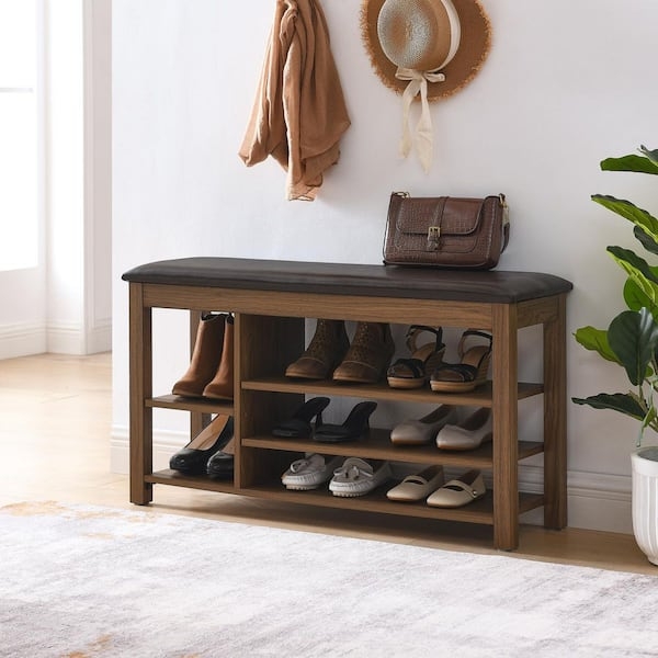 Shoe Bench with Side Storage Pocket and Height Adjustable Shelves