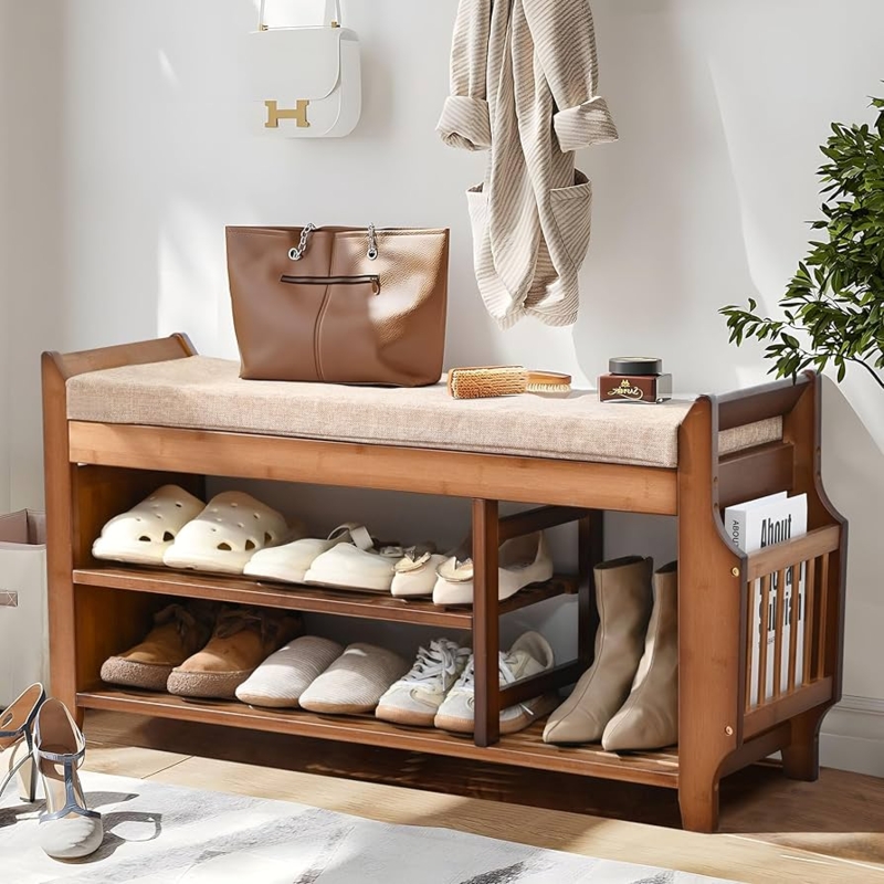 Shoe Bench with Umbrella Holder, Bamboo Entryway Storage