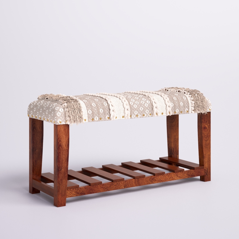 Shoe Storage Bench Braided Accents Fringe Detail Slatted Shelf