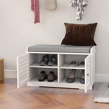 Shoe Storage Bench Shutter Doors, White Entryway Organization
