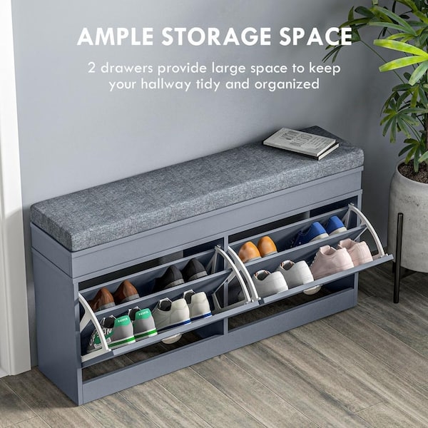 Shoe Storage Bench with Side Drawers, Gray Entryway Organizer