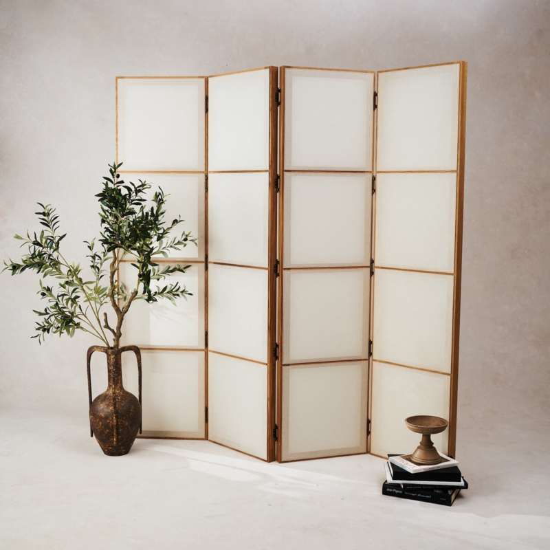 Shoji Folding Screen with Translucent Panels and Wood Frame
