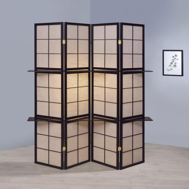 Shoji Room Divider Japanese Inspired Integrated Shelves 4 Panel Gold Hinges
