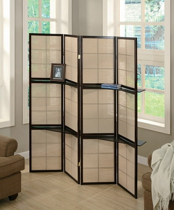 Shoji Screen with Shelves 4 Panel Folding Divider with Woven Inserts