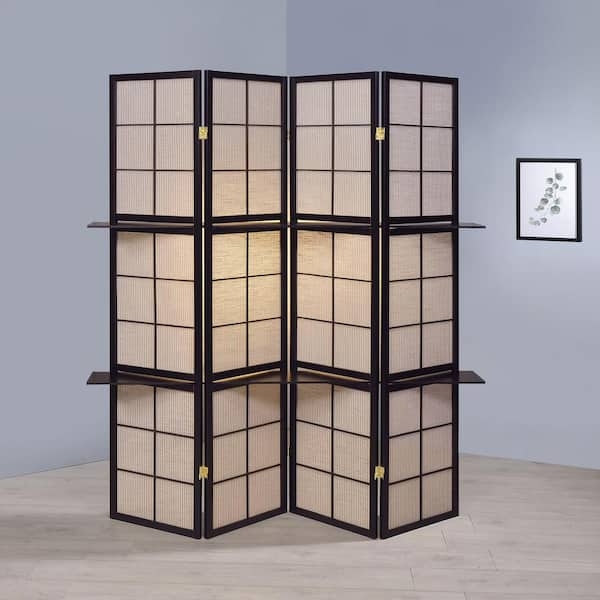 Shoji Style Room Divider Integrated Shelves Cappuccino Finish