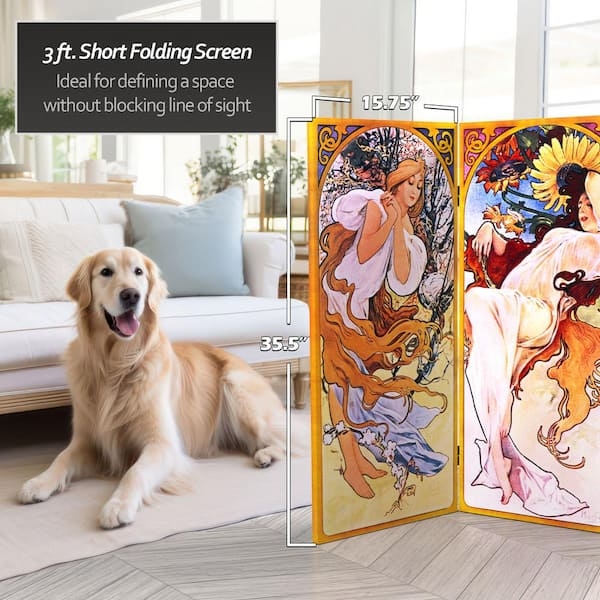Short Folding Room Divider with Art Nouveau Mucha Artwork