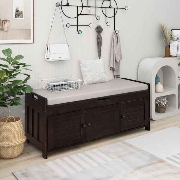 Shutter Door Entryway Bench with 3 Storage Cabinets