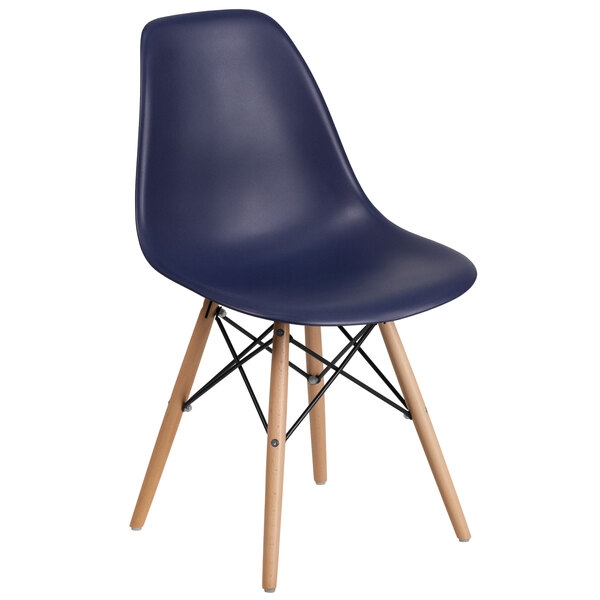 Side Chair, Navy Plastic Bucket Silhouette, Eiffel Base Mid-Century Modern