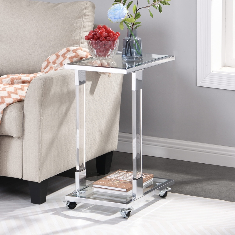 Side Table Modern Rolling Chrome C-Shaped Clear Top