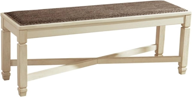 - Signature Design by Ashley Bolanburg Casual French Country  Upholstered Dining Room Bench with Nailhead Trim, Heavy Woven Fabric, Wood,  Antique White & Tan - Table Benches