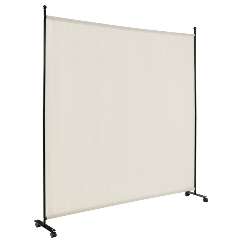 Single Panel Room Divider Off-White Fabric Black Metal Frame Rolling