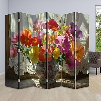 Six-Panel Folding Room Divider, Vibrant Spring Flower Partition
