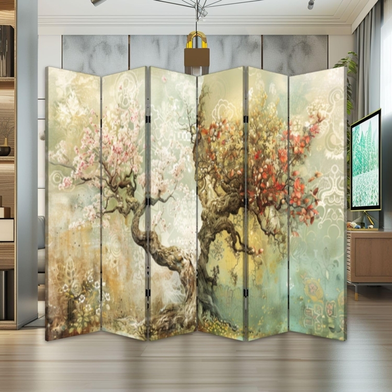 Six-Panel Folding Room Divider with Seasonal Tree Mural