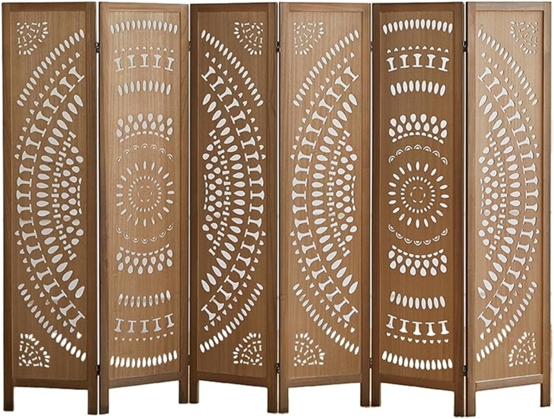 Six Panel Folding Screen Sunburst Cutouts Geometric Wood Partition