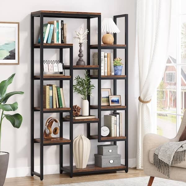 Six Tier Bookcase Brown Wood Toned Black Metal Industrial Bookshelf