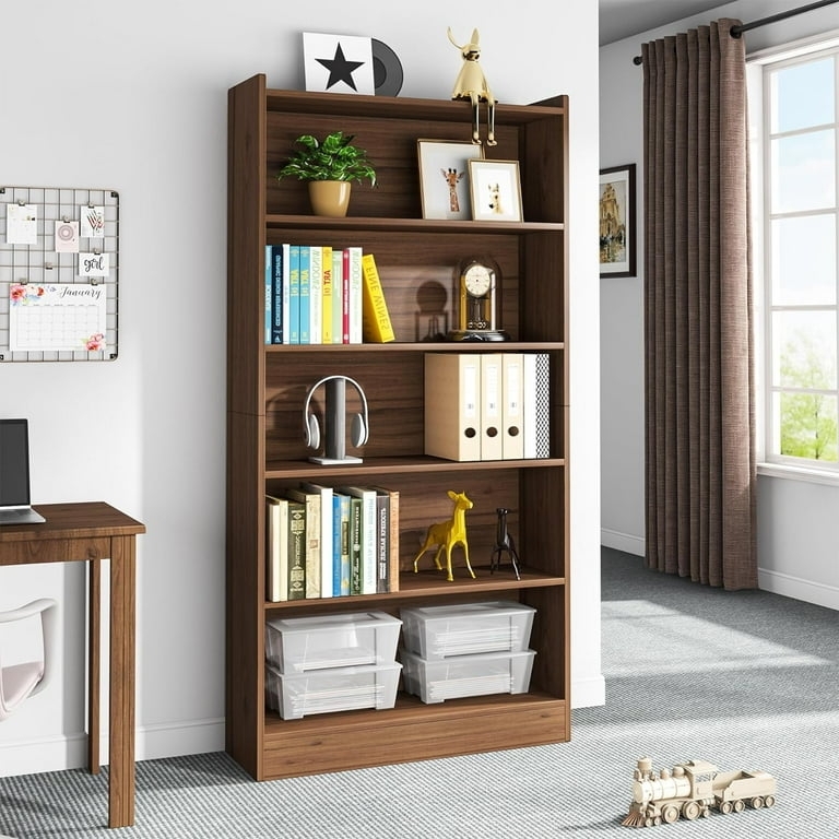 Six-Tier Bookcase with Open-Back Design in Dark Brown Wood Tone