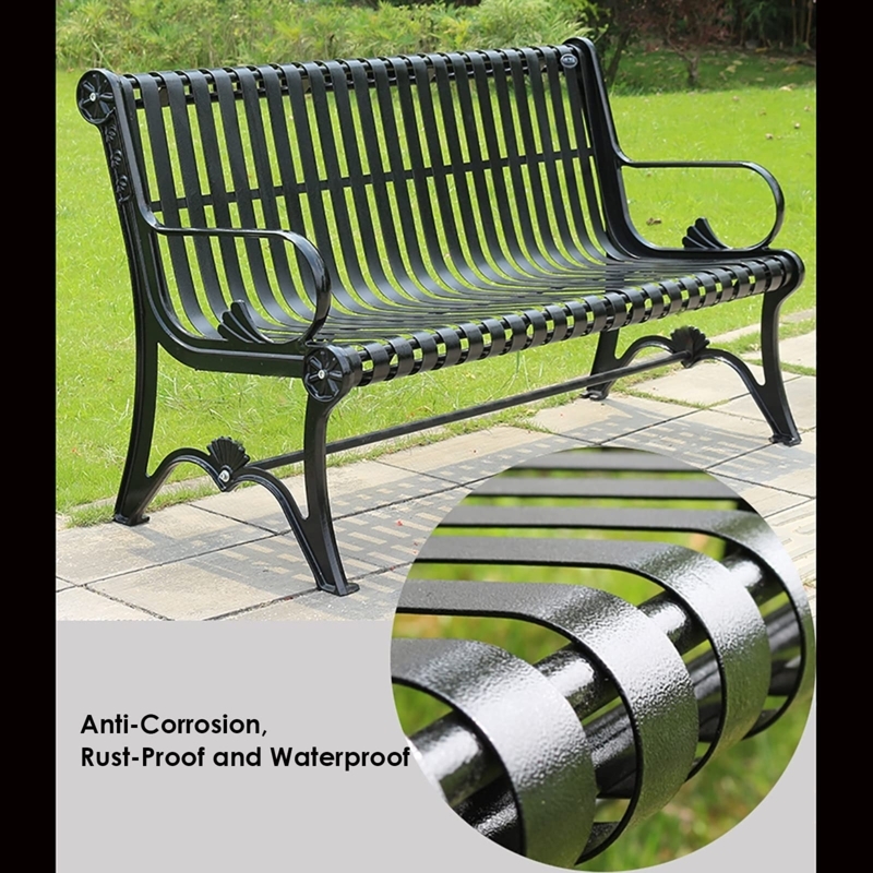 Slatted Garden Bench Black Powder Coated Metal for Park Seating Idea