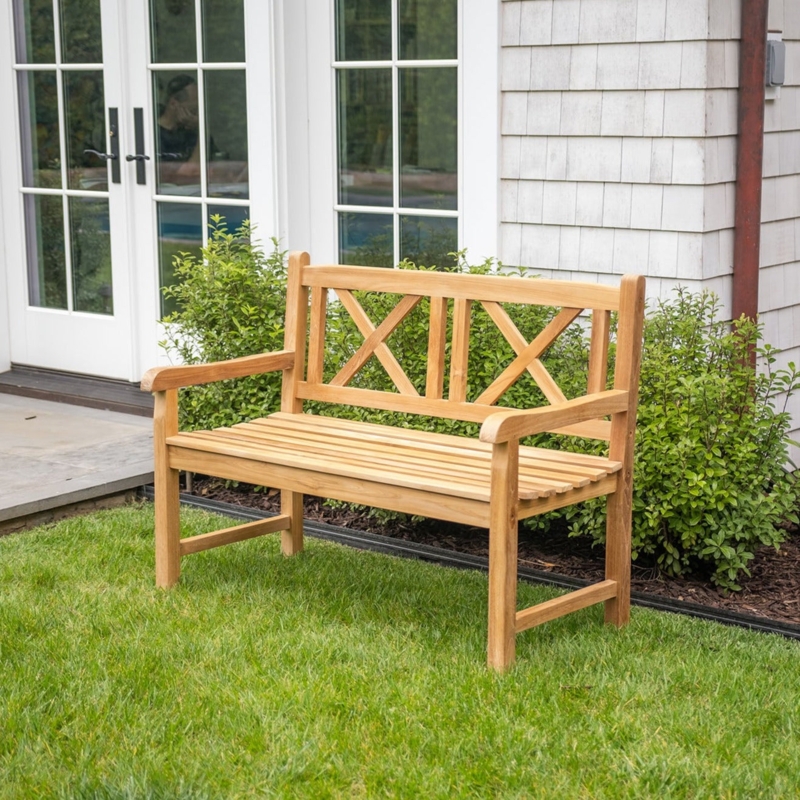Slatted Garden Bench Vertical Back Honey Toned Finish Traditional