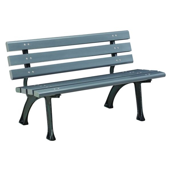 Slatted Outdoor Bench, Recycled Plastic Look, Curved Legs, Gray finish.