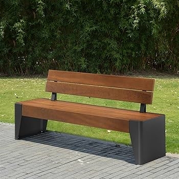 Slatted Outdoor Bench Wood-Toned Seat and Black Metal Frame