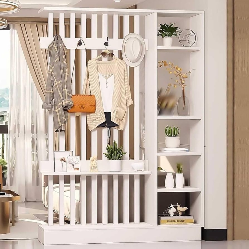 Slatted Room Divider With Hooks White Entryway Partition Shelving