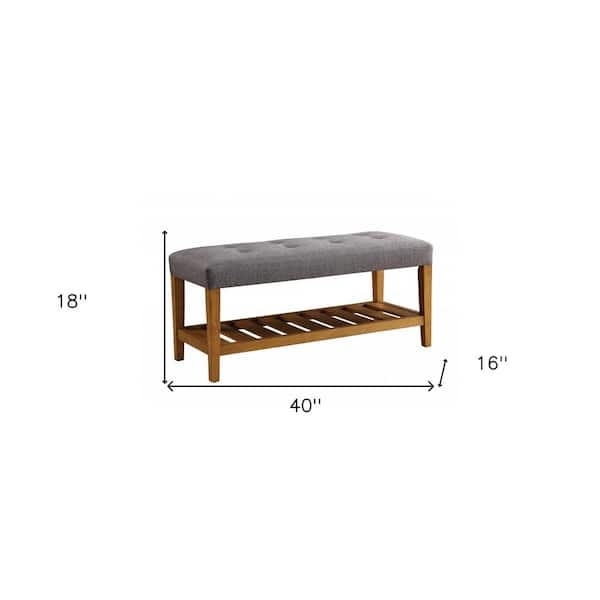 Slatted Shelf Storage Bench Gray Upholstery Wood Frame Bedroom