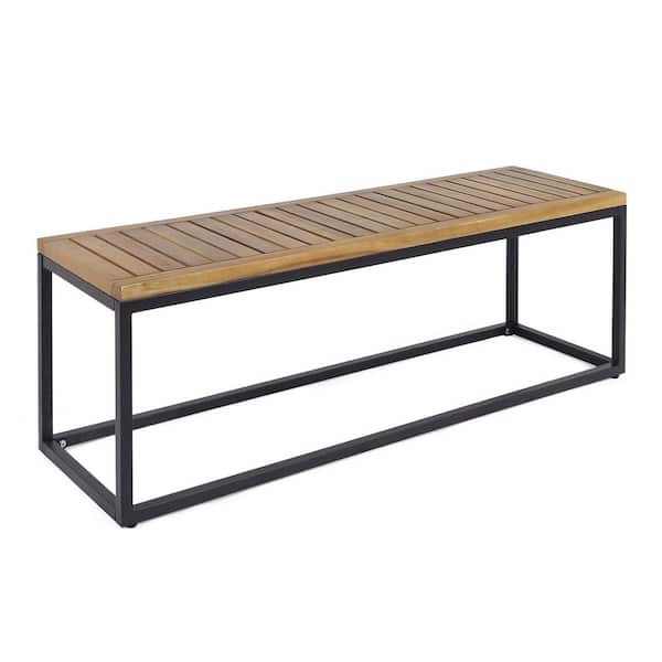 Slatted Wood and Metal Bench with Open Frame for Patio Seating