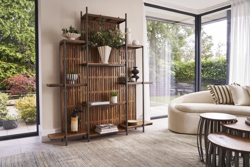Slatted Wood Back Shelving Unit Industrial Room Divider