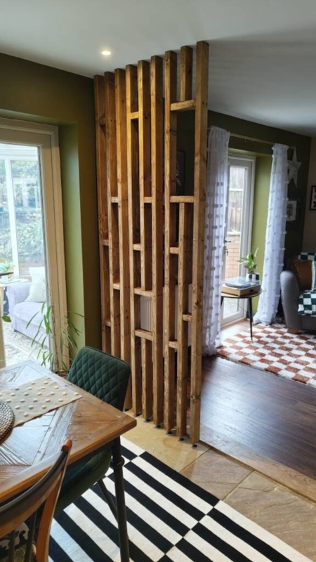 Slatted Wood Room Divider with Staggered Shelf Blocks
