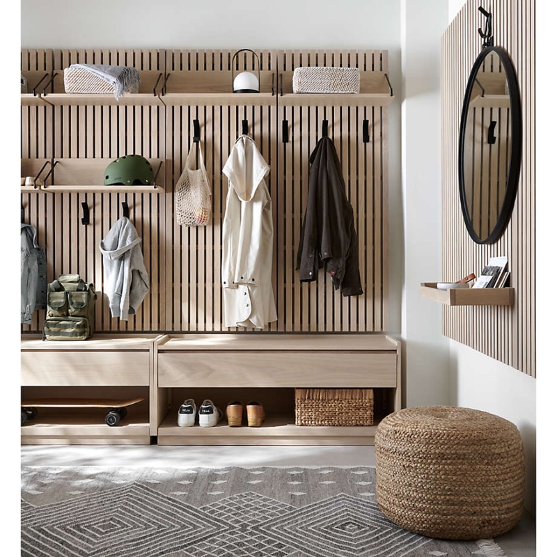 Slatted Wood Wall Panel Organizer with White Oak Storage Bench