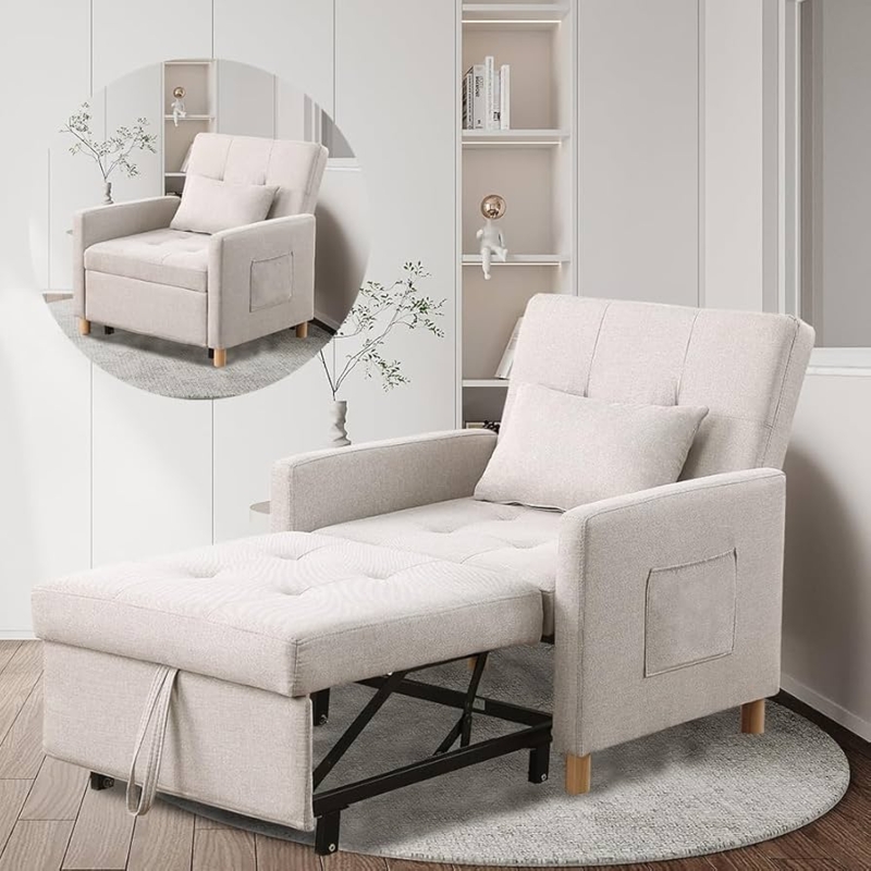 Sleeper Chair Square Tufted Design with Pull-Out Extension in Beige
