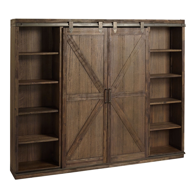 Sliding Barn Door Bookshelf, Medium Brown Wood, Black Metal Track